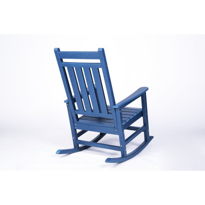 All Weather Navy Blue Rocking Chair With Side Table. Ergonomic Back Support For Relaxation. Widened And Contoured Seat. 41.7"H. Withstands 380 Pounds. 30-Min Partial Installation.