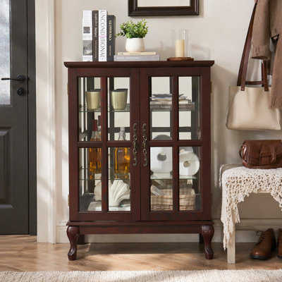 Dark Cherry Glass Storage Cabinet with Cabriole Legs & 2 Adjustable Shelves – Grid Door Buffet Sideboard with Magnetic Catch for Dining Room, Living Room, Bedroom