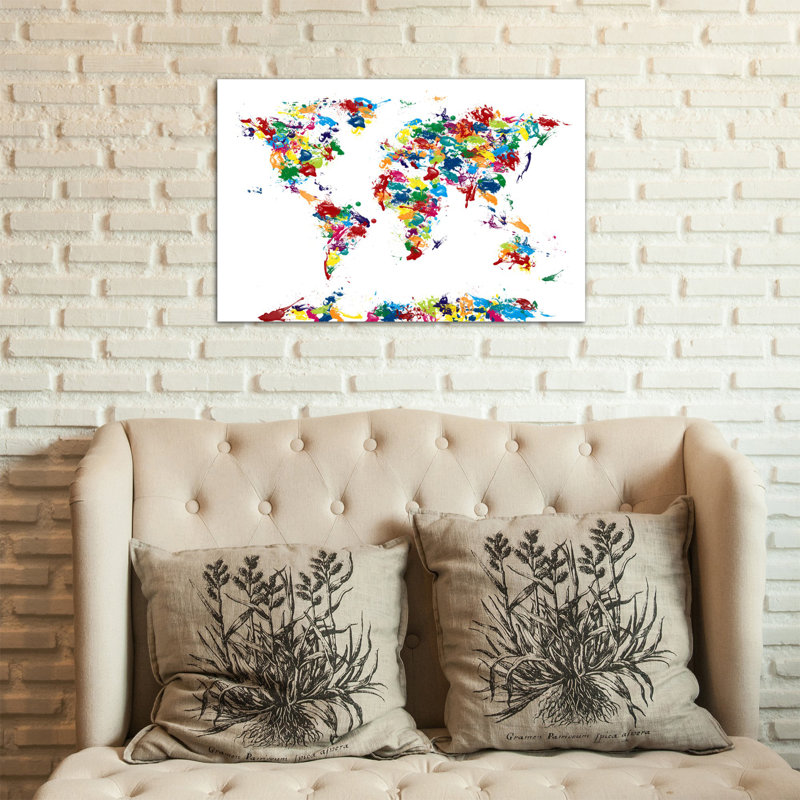 «World Map Paint Drops», impression sur toile, H 8 po x l 12 po x P 0,75 po, Pas de tapis, Toile tendue