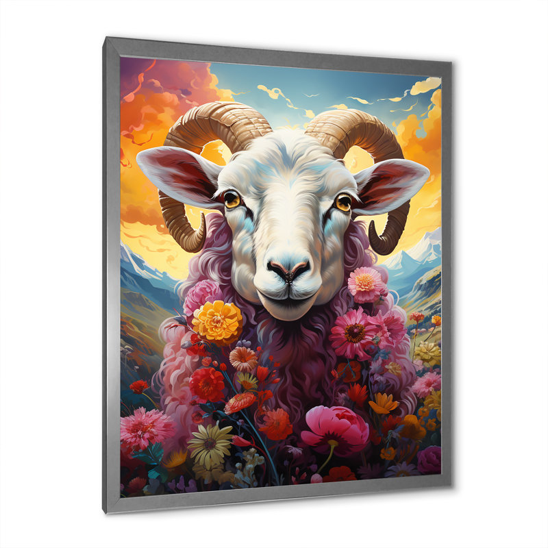 Reproduction d'art sur fond de moutons roses «Enchanted Ewes», H 32 po x l 24 po x P 1 po, Cadre photo argenté