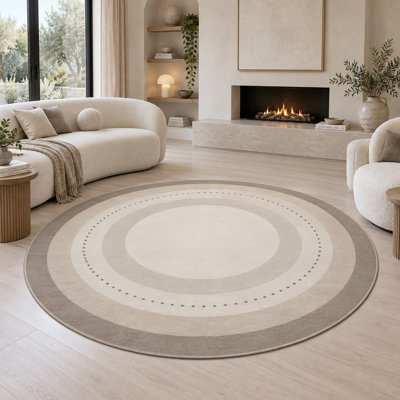 Tapis rond Quiet Halo Dotwork « Ultra Thin » 183 x 183 cm pour salon, chambre et bureau à domicile, tapis intérieur doux à poils courts avec envers antidérapant en silicone