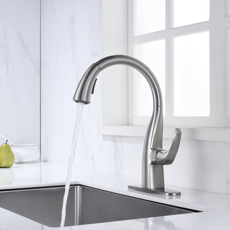 Robinet de cuisine rétractable à poignée simple avec accessoires, Nickel brossé