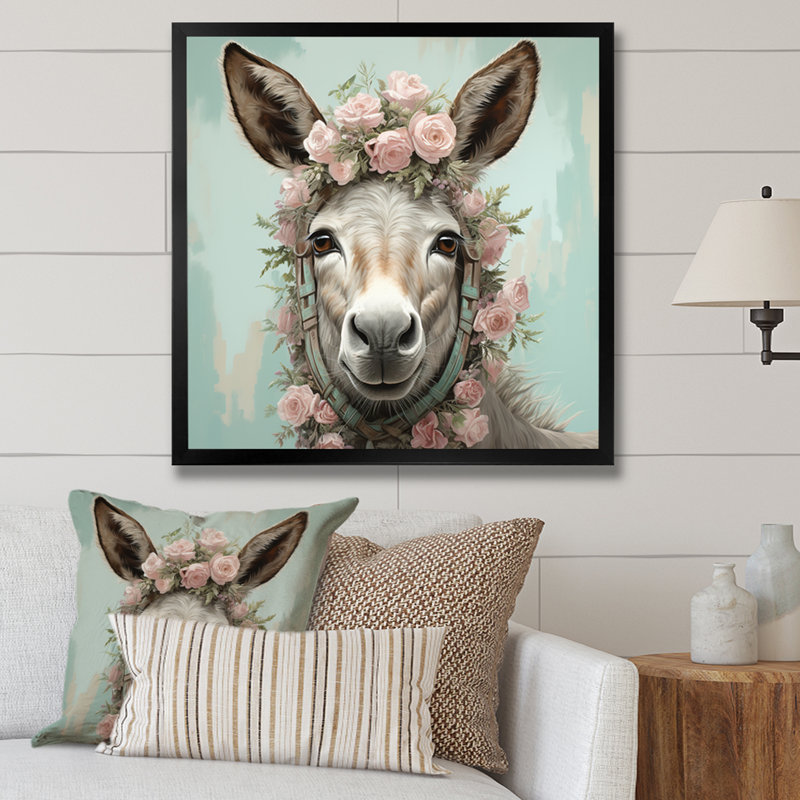 Adorable portrait floral d'âne - art mural d'âne, Cadre simple noir, H 30 po x l 30 po x P 1,5 po