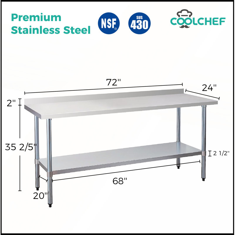 Table de travail durable en acier inoxydable de calibre 18 avec dosseret de 4 pouces et tablette inférieure pour une utilisation efficace dans la cuisine
