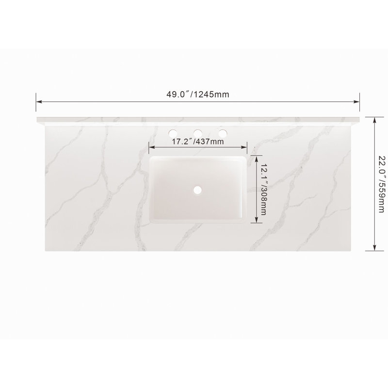 Plateau de meuble-lavabo simple 49 po avec lavabo en quartz 49 po, Blanc Calacatta