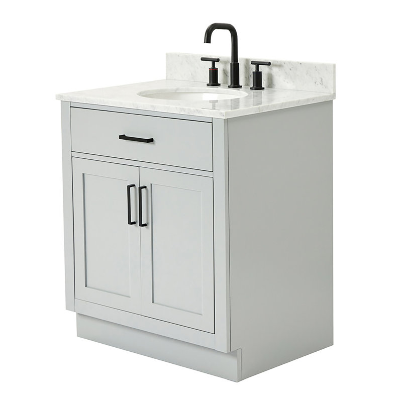 Jameal 30'' Solid Wood Single Bathroom Vanity with 0.75'' Carrara Marble Top, Gray, Oval
