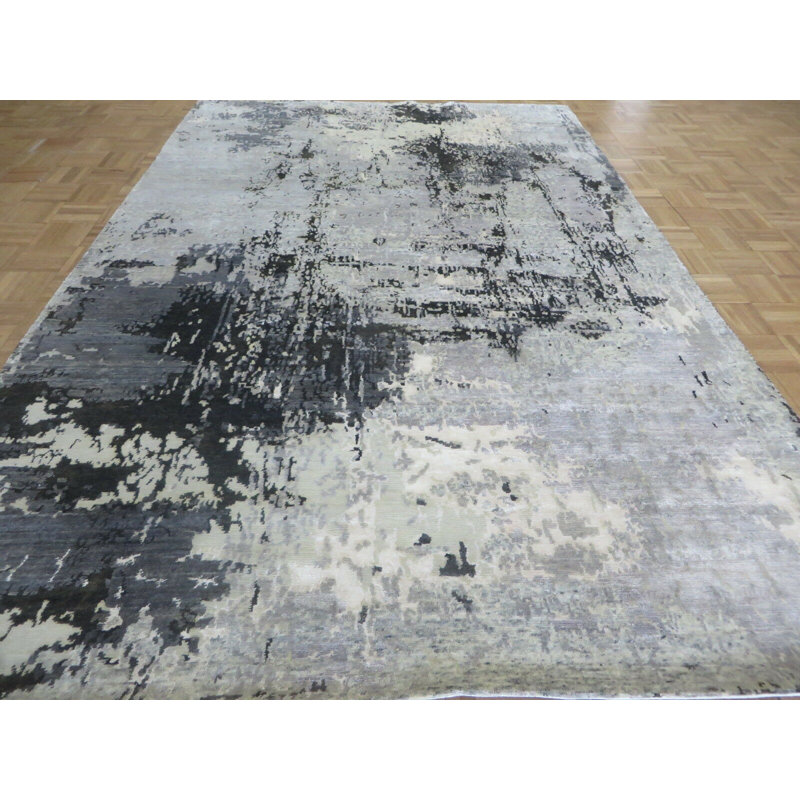 Tapis gris en soie noué à la main de conception unique 6 pi x 9 pi 2 po Maiken