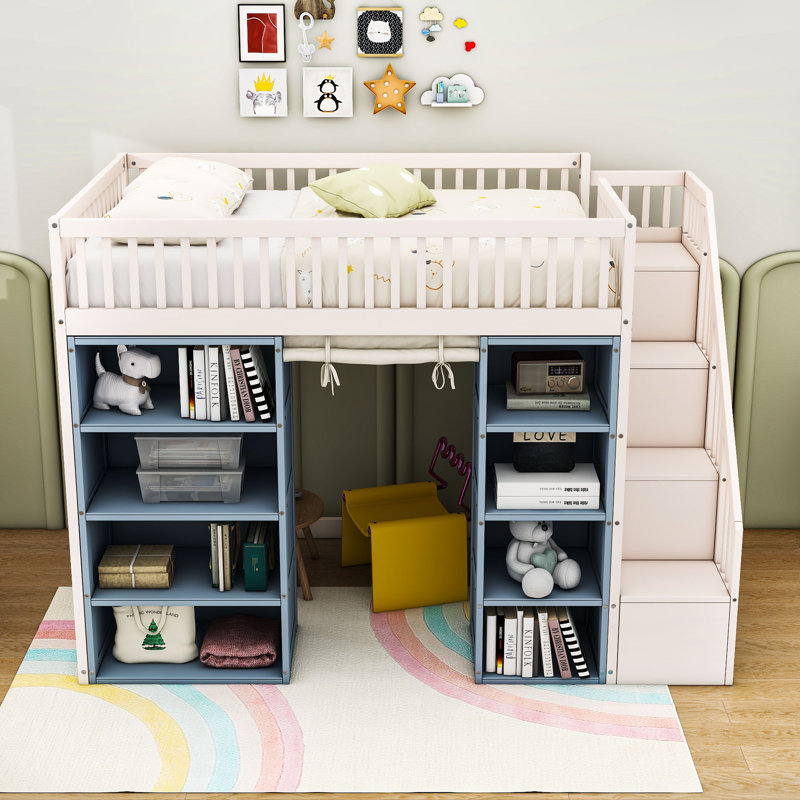 Full Size Loft Bed with 2 Four-layer Storage Cabinets and Curtain,White+Blue