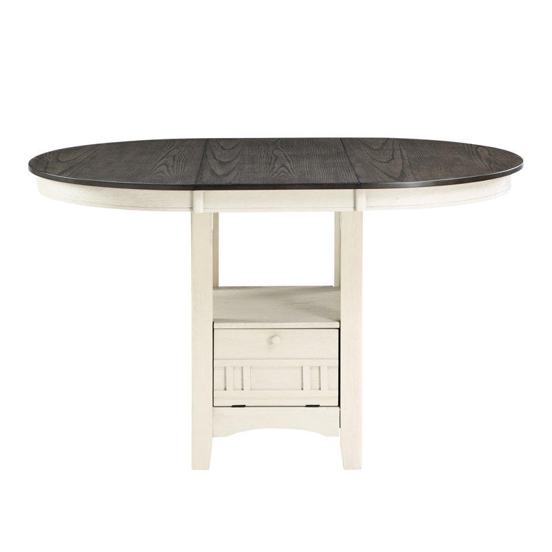 Table de salle à manger à hauteur de comptoir de style traditionnel avec rallonge et rangement en blanc antique et brun rosé pour la pièce