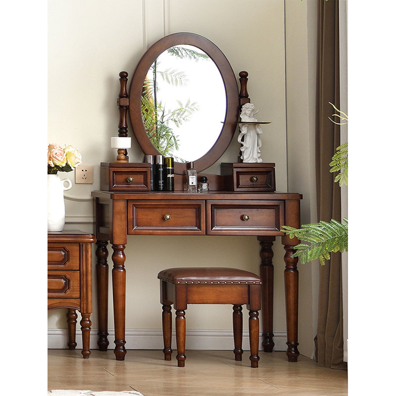 Table de coiffeuse en bois d'hévéa de style américain avec tiroirs de rangement multiples, Chestnut