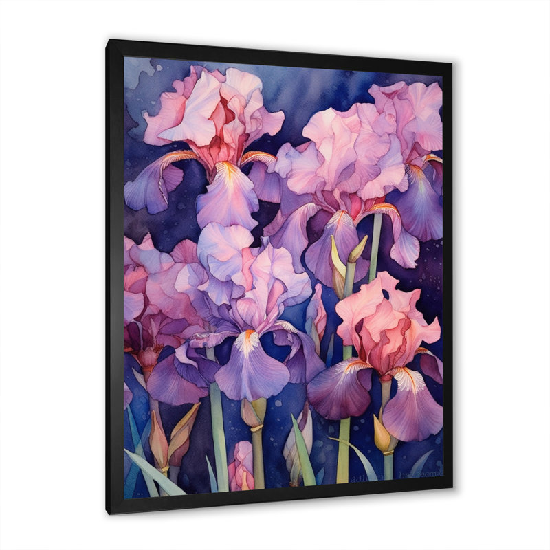 Pétales d'iris roses et bleus III, Cadre photo noir, H 20 po x l 12 po x P 1 po
