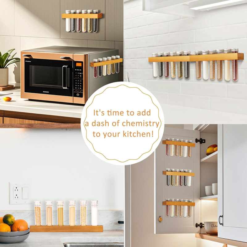 Magnetic Spice Rack Set for Fridge, Wooden Shelf with Storage Tubes and Labels, Brown