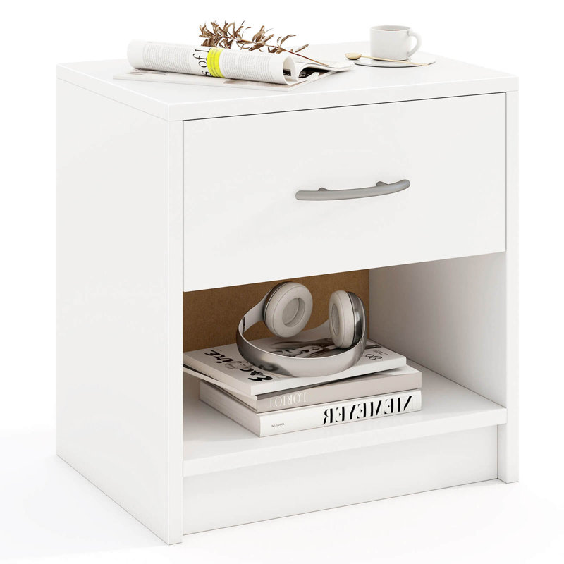 Modern Nightstand Bedside Table With Drawer Open Storage Shelf For Small Spaces, White