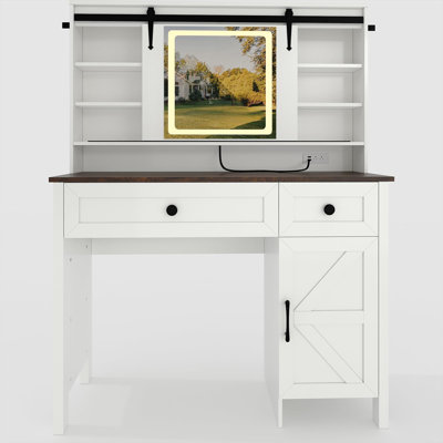 Vanity Desk with LED Lighted Mirror & Charging Station, White Makeup Vanity Table with Drawers, Cabinet & Storage Stool, Dressing Table with Shelves for Bedroom，White