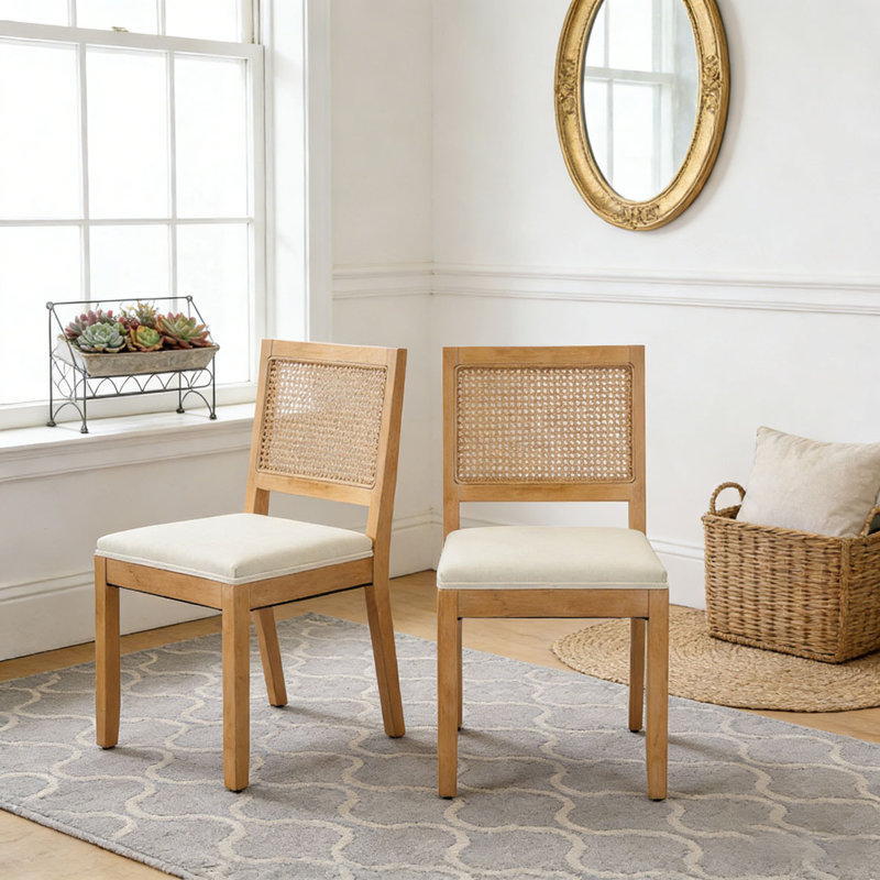Farmhouse Rattan Dining Chairs Set, Beige