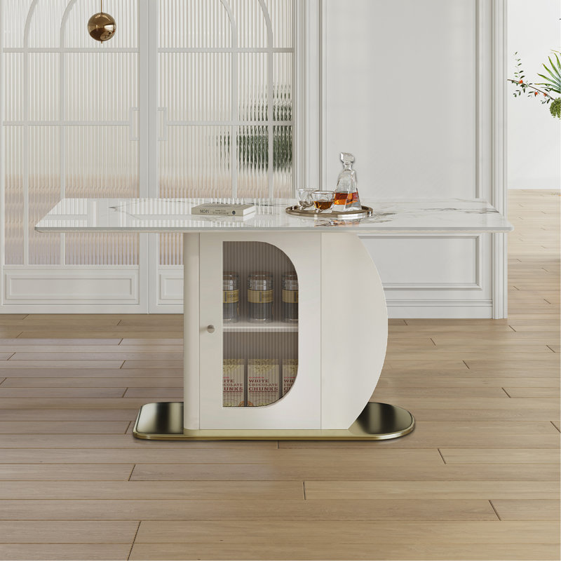 Table de salle à manger moderne 63 "pour 4 à 6 personnes, table de cuisine avec tablette de rangement et armoire en acrylique, plateau de table en pierre frittée avec base en bois massif doré