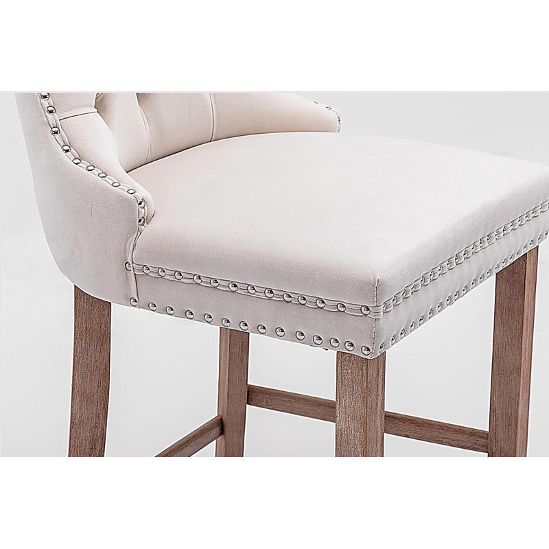 Velvet Upholstered Bar stools with Chrome Nailhead Trim and Wooden Legs (Beige,Set of 2), Beige