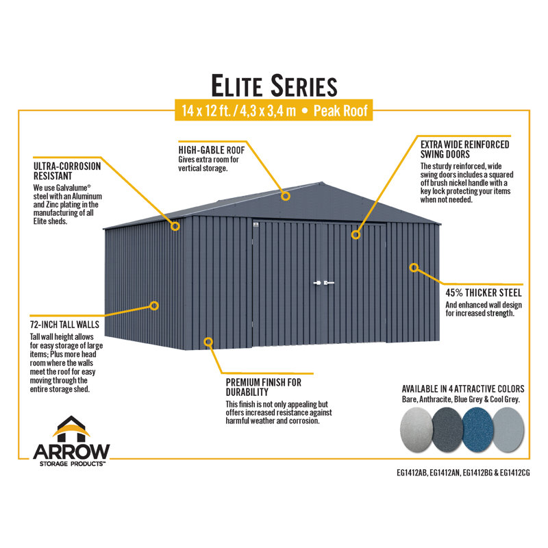 Elite Cool Grey 14' x 12' Steel Storage Shed with Swing Doors