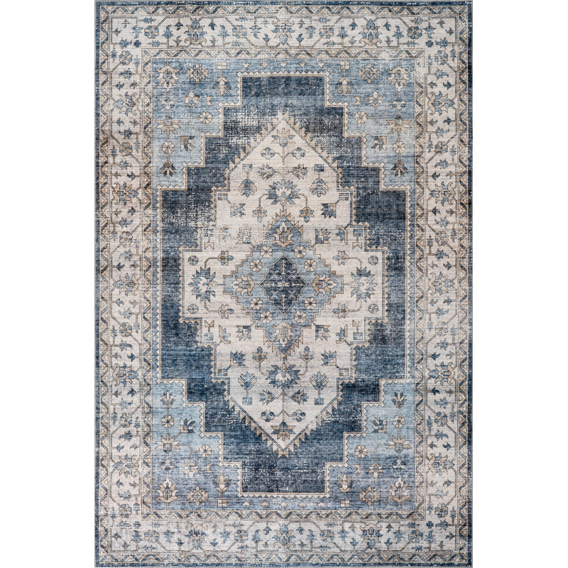  Noemie SplashGuard Vintage Medallion Machine Washable Area Rug, Round 6'