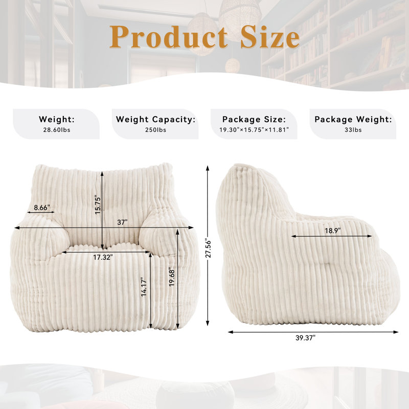 Aeri Compression Medium Adult Soft Teddy Fabric Bean Bag Chair With Foam Filled, Beige Corduroy 