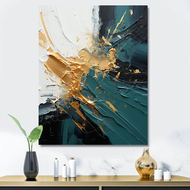 Or et vert cascade de marbre blanc V - art mural abstrait, H 20 po x l 12 po x P 1 po, Toile tendue