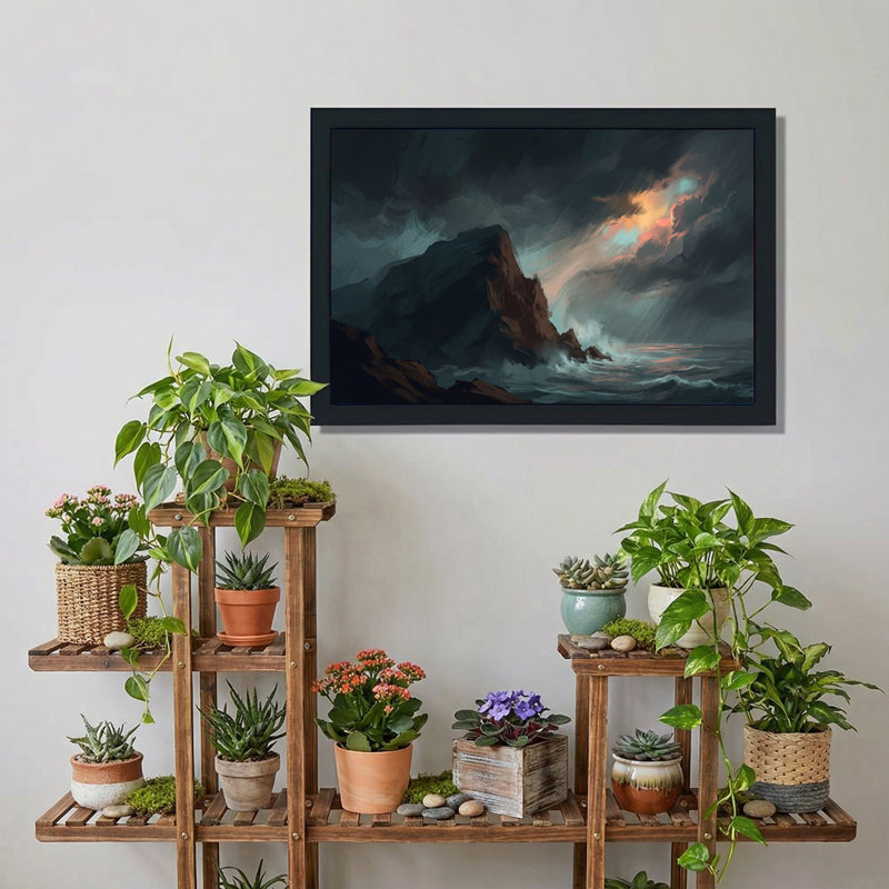Dark Rocky Cliffs And Ocean Waves Under Colorful Storm Sky Canvas Wall Art, 20"H x 30"W
