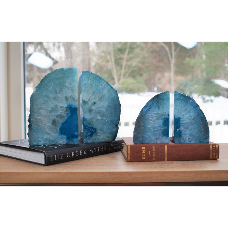 Evelynn Non-Skid Teal Agate Bookends, 6.5" H x 7" W x 3" D