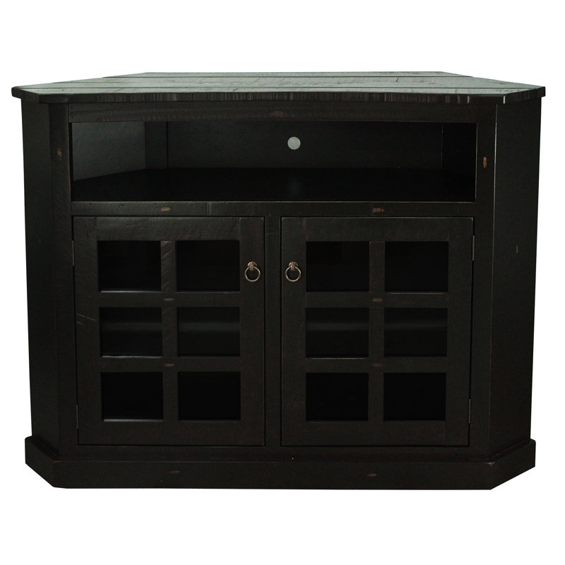 Meuble télé de coin en bois massif pour téléviseur de 65 po ou moins Roisin, Noir rustique antique
