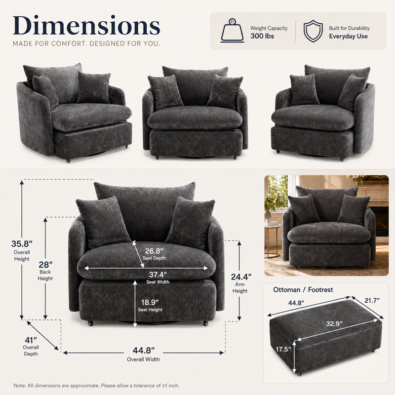 Fauteuil d'appoint surdimensionné en chenille pivotant à 360 ° Elvaris, Foncé foncé