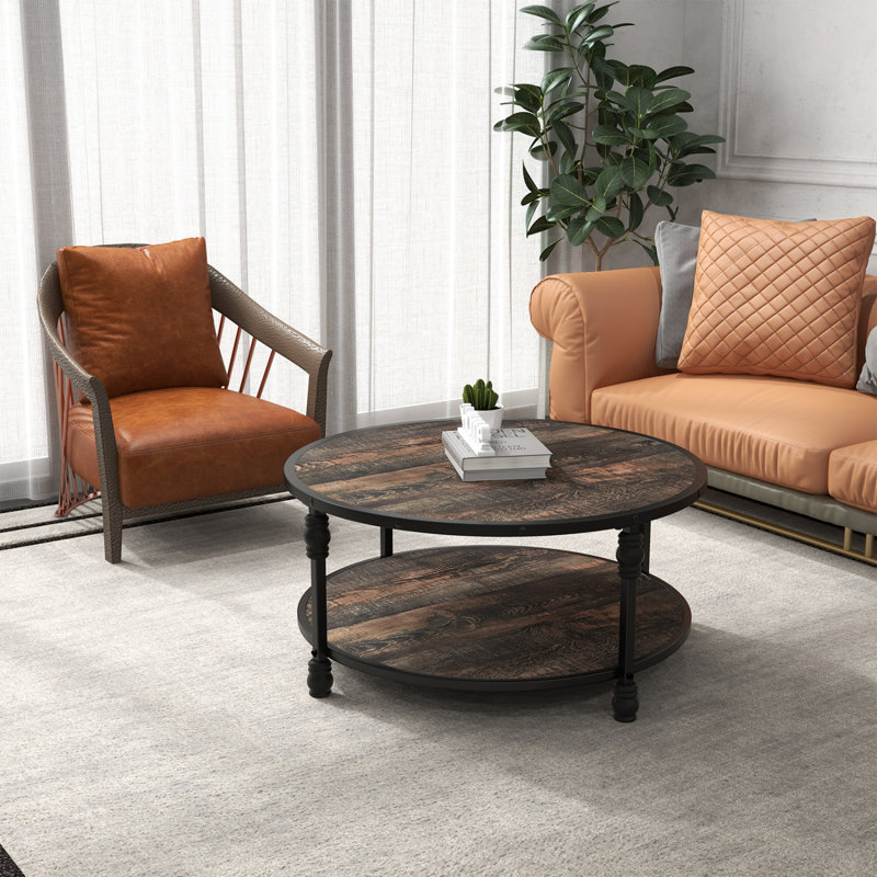 34 Inch Round 2-Tier Coffee Table with Storage Shelf, Light Brown, 18.3" H x 30.5" W x 30.5" D