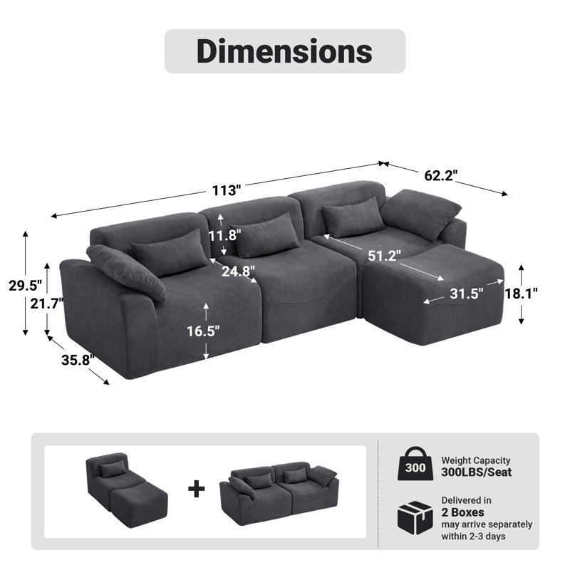  Segal 4 Piece 114" Oversized Modular  L Shape Soft Chenille Cloud Upholstered Compression sofa, No Assembly Required
