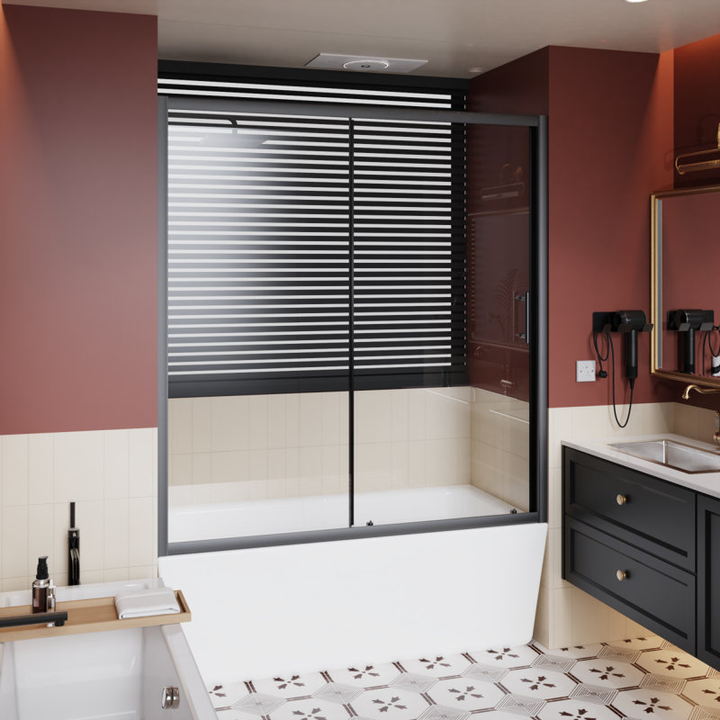 60.In W X 62.In H Single Sliding Shower Door For Bathtub, 1/5 Inch Thick Clear Tempered Glass Shower Door With Stainless Steel Handle, Black