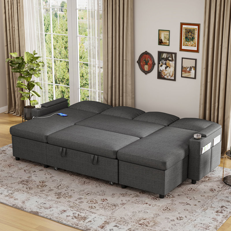 Corner Sofa Bed, U-Shaped Sleeper Sectional Couch Bed, 3-In-1 Convertible Pull Out Sofa Bed With Adjustable Backrest, Storage, Usb And Cup Holder For Living Room
