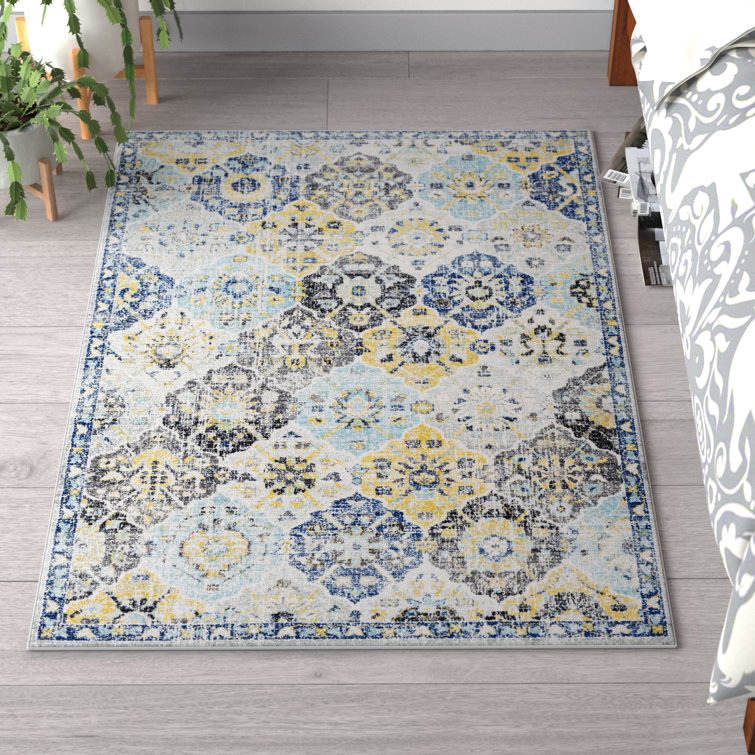 Hillsby Machine Woven Oriental Blue/Yellow/Gray Area Rug