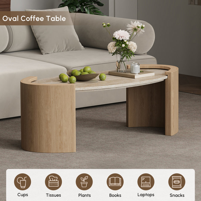 43" Japandi Oval Travertine Stone Top Coffee Table – Double Pedestal Oval Coffee Table with Natural Beige Stone Surface and Engineered Wood Base for Living Room and Lounge