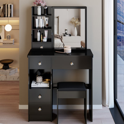 Small Space - Oriented 29.2" Left Drawer Vanity Table And Stool , Extra Large Sliding Mirror, Multi Layer Storage, American Design Style, Black Adaptable