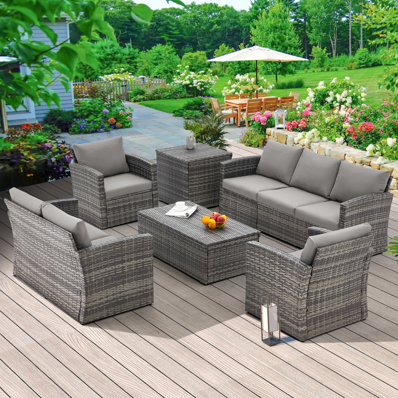 Aun 7 - Person Patio Conversation Set with Cushions, Gray, Gray