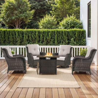 Wendye 5-Piece Outdoor Furniture Conversation Set, 2 Swivel Chairs, 2 Patio Chairs & 55K BTU Fire Pit Table