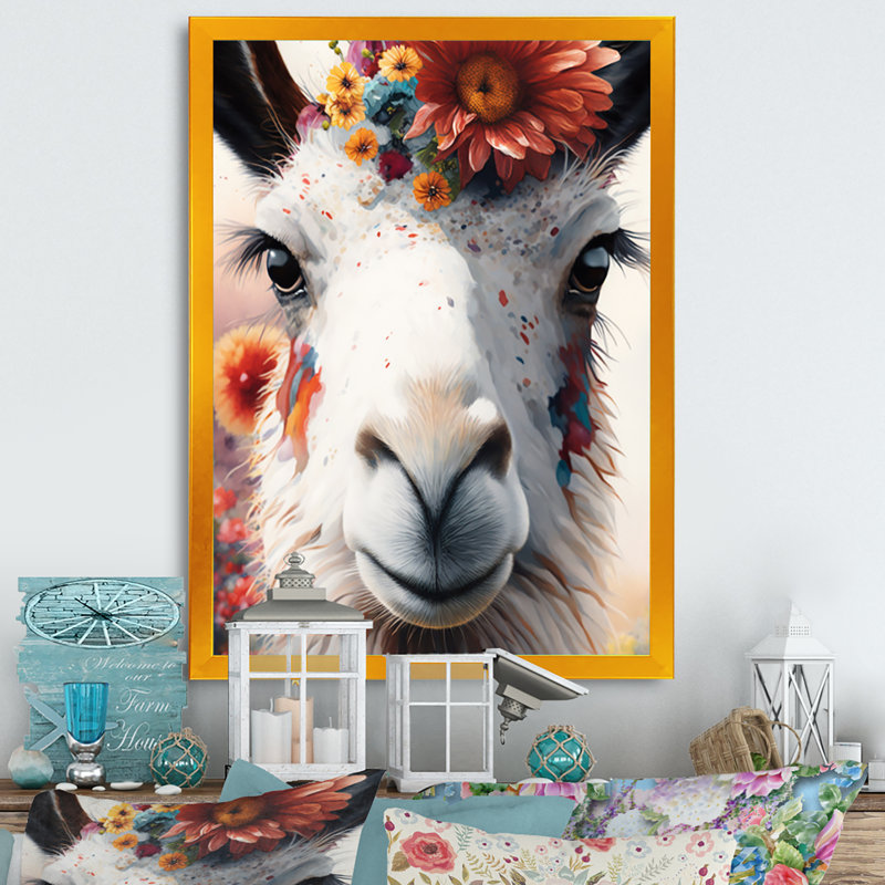 Lama avec fleurs II - reproduction sur toile, L 16 po x H 32 po, Impression dorée sur toile encadrée