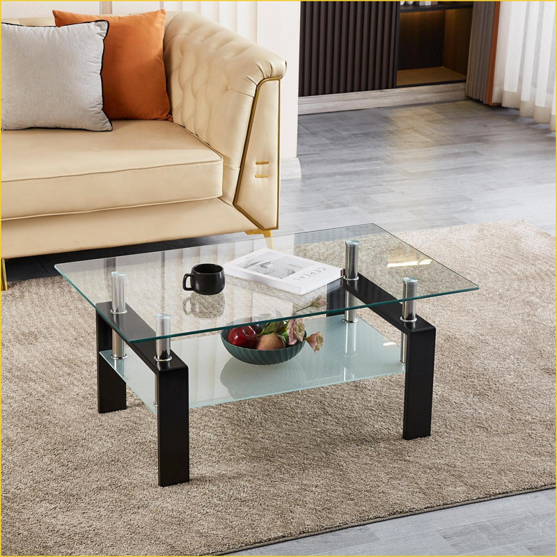 Table basse 2 couches en verre trempé pour le salon, table de centre moderne et facile à nettoyer, Clair, Noir