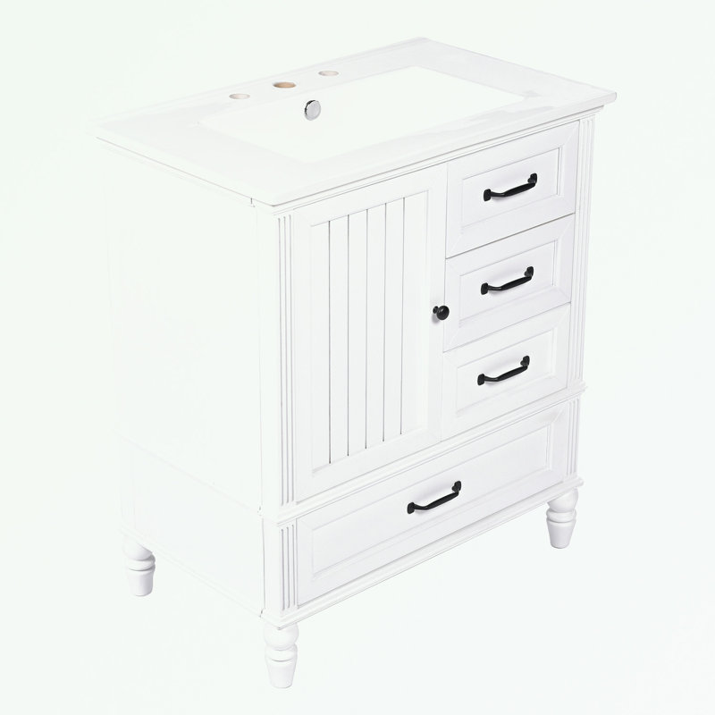 Meuble-lavabo avec lavabo, trois tiroirs et pieds en bois, Noir, noir, noir, noir, Blanc