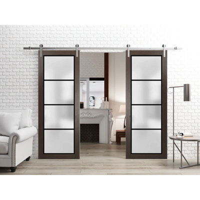 Porte de grange double robuste avec verre dépoli Planum 2132 Frêne Chocolat 4 m (13 pi) - Rail argenté - Portes intérieures modernes à panneaux pleins - 122 cm x 203 cm (48 po x 80 po) (2 x 61 cm x 203 cm) - Rail argenté