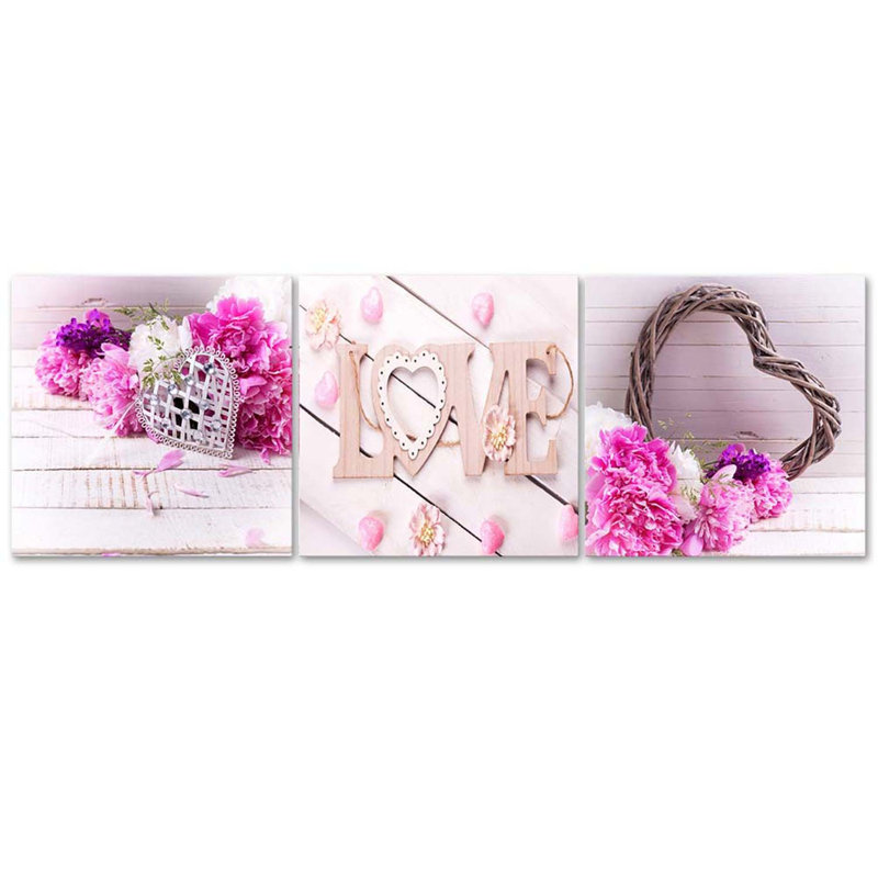 Pink Flower Love Inscription - 3 Piece No Frame Print on Canvas, 50cm H x 150cm W