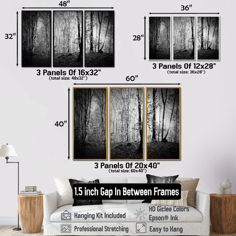 «Beautiful Forest Morning Panorama», ensemble de 3 toiles encadrées, H 28 po x l 36 po, Brun