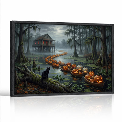 Bateaux citrouilles lumineux dans un paysage de bayou brumeux - Toile murale d'Halloween
