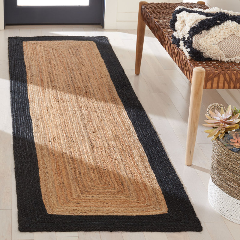 Tapis beige / noir en jute / coton tissé à plat à la main Middleton, Tapis de couloir 2 pi 3 po x 6 pi