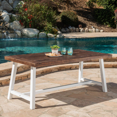 Outdoor Dark Brown Sandblast Finish Acacia Wood Dining Table with White Rustic Metal Finish Frame