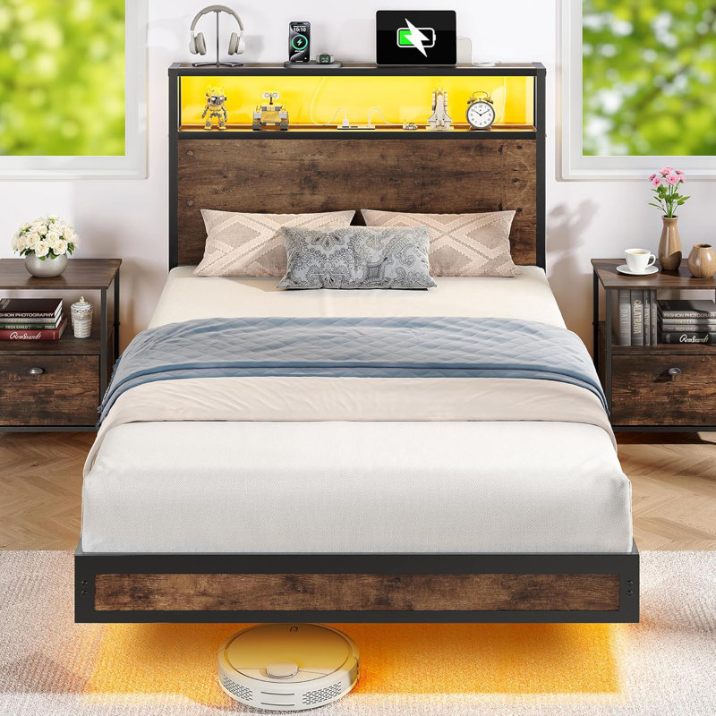 Platform Bed Frame With 2 Tier Storage Headboard, Built-In Charging Station & Led Lighting, Twin