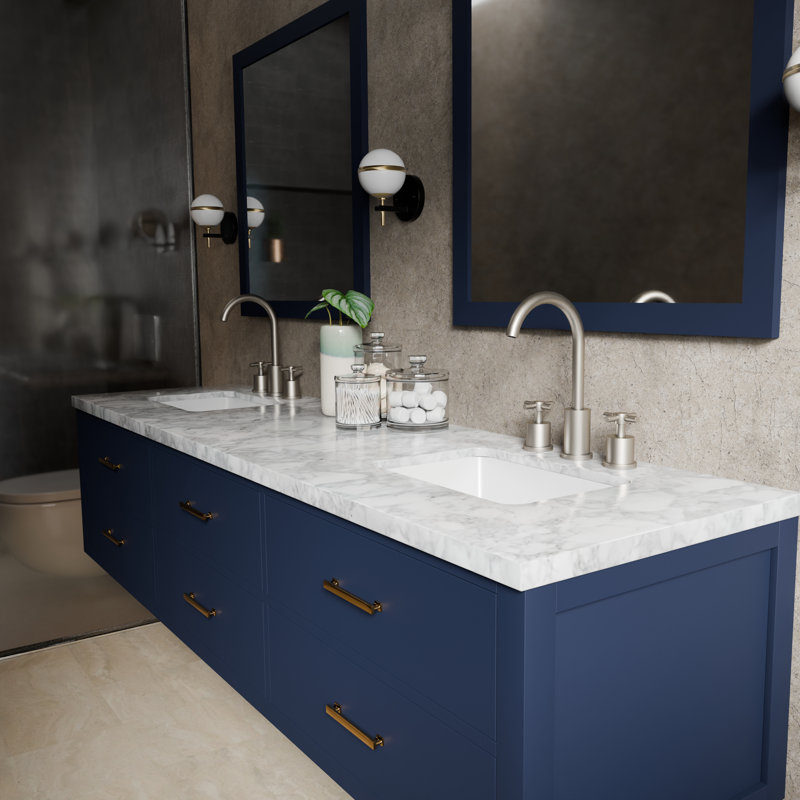 Ensemble de meuble-lavabo double 80 po, Bleu, Marbre de Carrare blanc