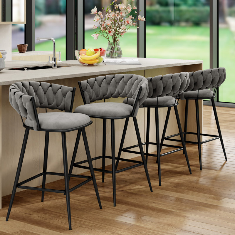 Tabouret de bar et de comptoir rembourré avec motif de tissage courbé (ensemble de 4), Gris, Noir